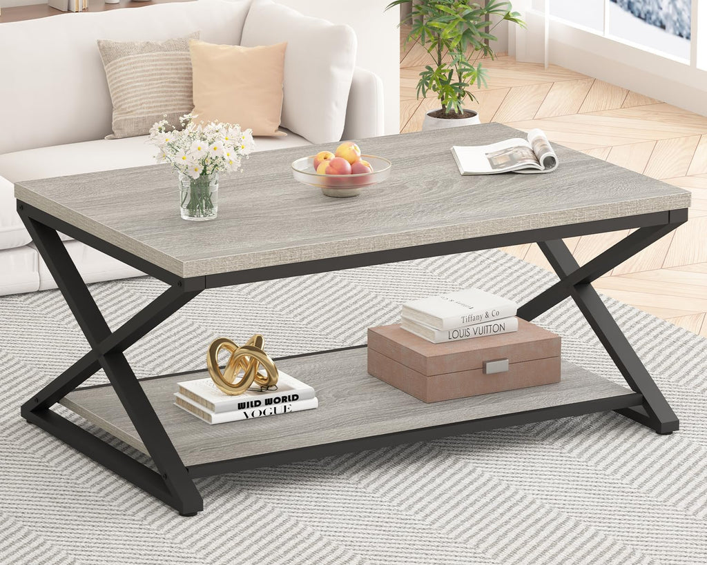 HSH Rustic Grey Coffee Table, Modern Minimalist Living Room Table with Storage Shelf, Industrial Simple Metal Wooden Center Table, 2 Tier Rectangle Cocktail Tea Table for Home Office Bedroom, 39 Inch