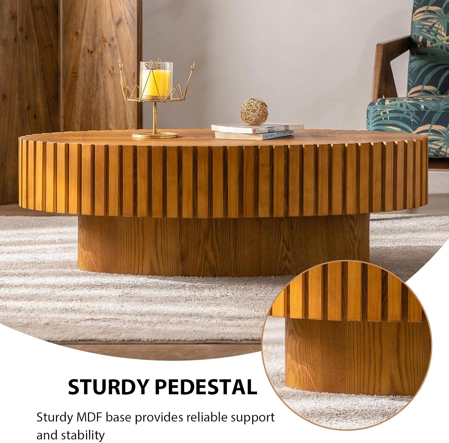 Oval Coffee Table, Handcrafted Fluted Drum Coffee Tables Modern Wood Coffee Table Drum Center Table for Living Room, Apartment (Oval Wood)