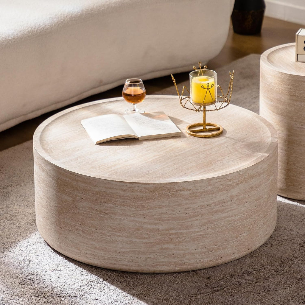Modern Drum Coffee Table Faux Travertine Finish Wood Coffee Tables Round Center Table for Living Room Home Office,31.5'- Fully Assembled