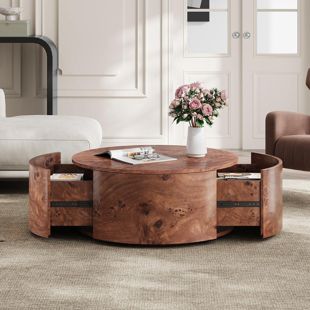Flieks Burl Wood Rotating Coffee Table with 2 Drawers, 360° Rotating Top, Walnut, 28.4'
