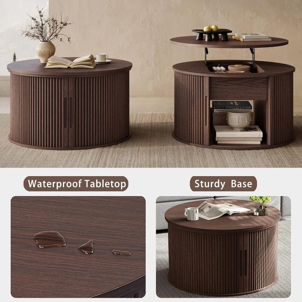 LINSY Lift Top Coffee Table, Round Fluted Coffee Table with Storage, Mid Century Modern Wooden Coffee Tables with Sliding Tambour Door, 31.5' Center Table for Living Room, Office, Small Space, Walnut