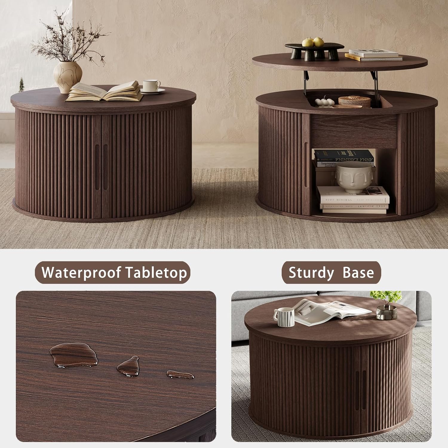 LINSY Lift Top Coffee Table, Round Fluted Coffee Table with Storage, Mid Century Modern Wooden Coffee Tables with Sliding Tambour Door, 31.5' Center Table for Living Room, Office, Small Space, Walnut