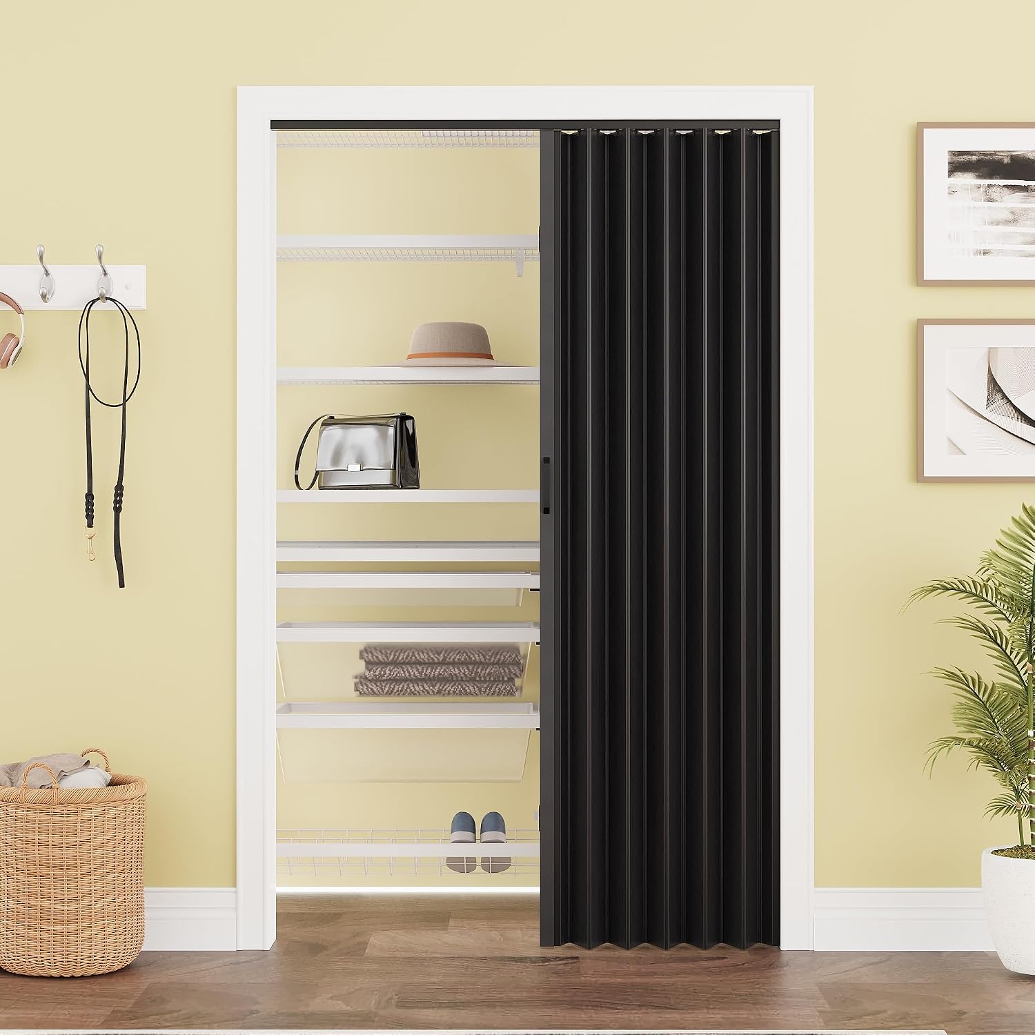 48' x 80' PVC Interior Accordion Door, Suitable for Opening Width 37'-48', Trimmable Height & Width, Room Dividers for Pantry Laundry Closet RV, Strong Magnet Folding Doors, Easy to Install, Black