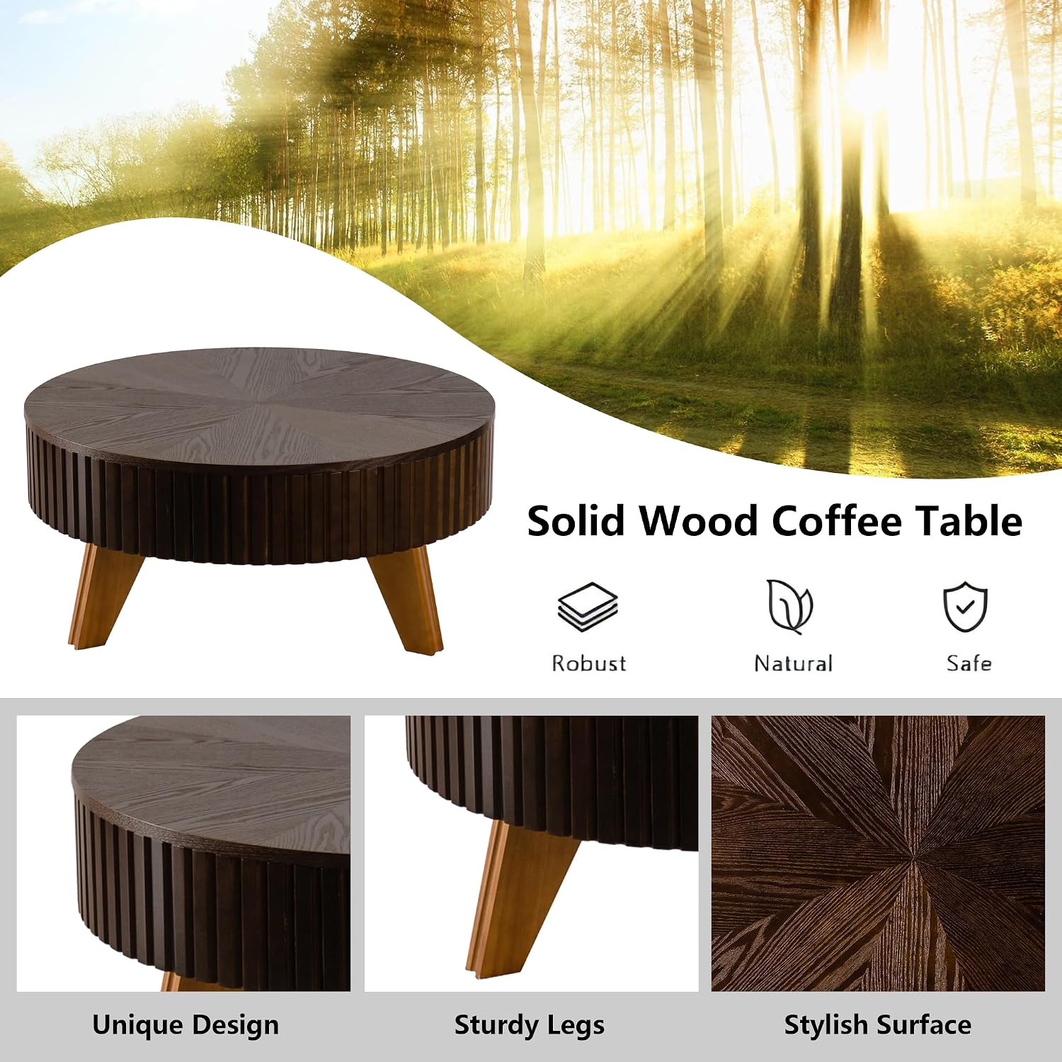 Setawix 31.5' Round Coffee Table with Storage Space, Small Side Tea End Table for Living Room, Wooden Rustic Coffee Table, Storage Entry Way Table, Brown