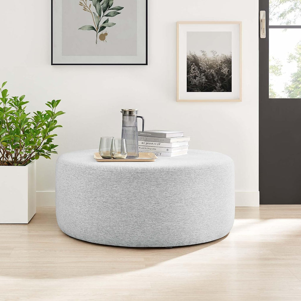 Modway Callum 38 Inch Round Ottoman in Heathered Weave Light Gray - Heathered Woven Fabric - Versatile Upholstered Coffee Table and Footrest - Couch Ottoman - Living Room Accent Table