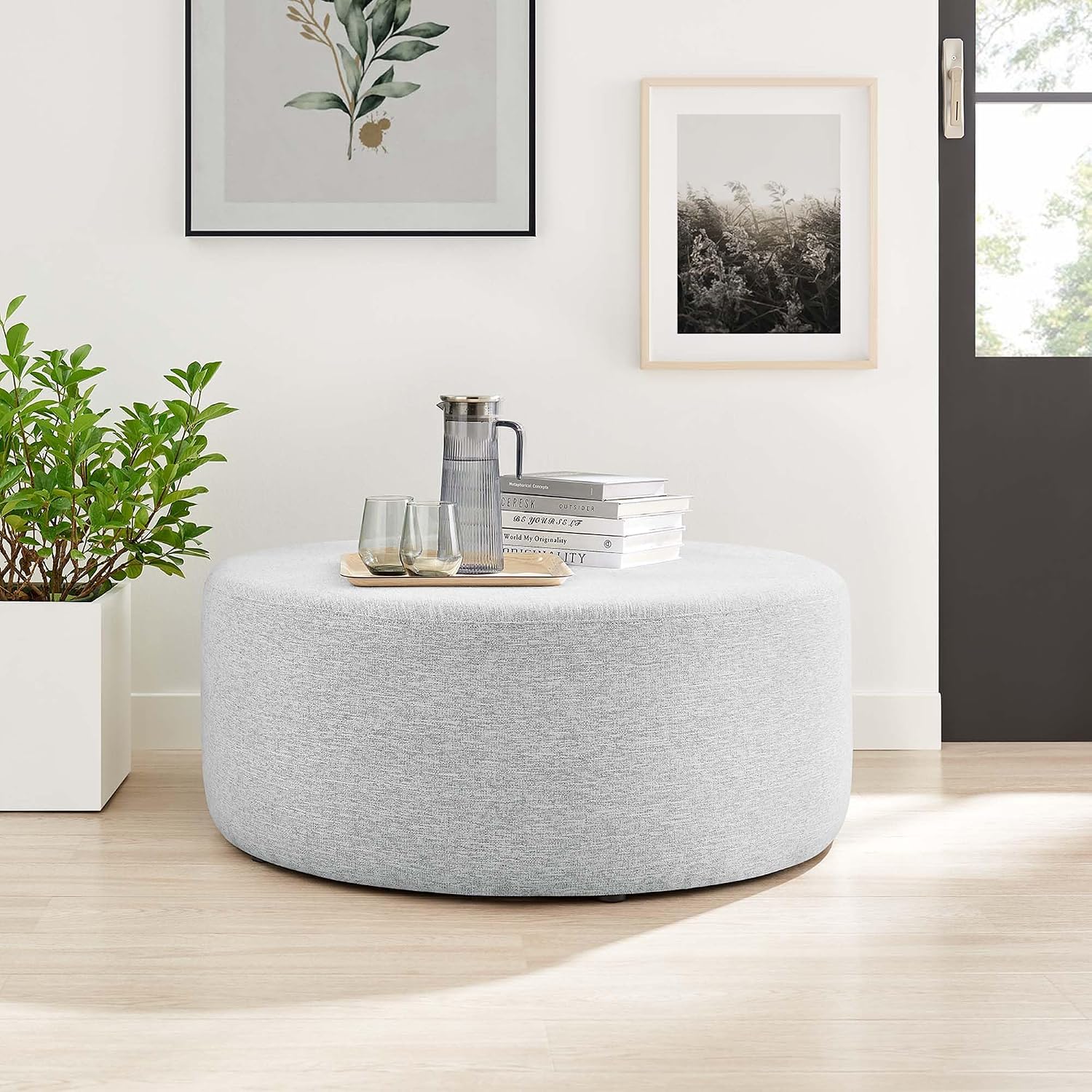 Modway Callum 38 Inch Round Ottoman in Heathered Weave Light Gray - Heathered Woven Fabric - Versatile Upholstered Coffee Table and Footrest - Couch Ottoman - Living Room Accent Table