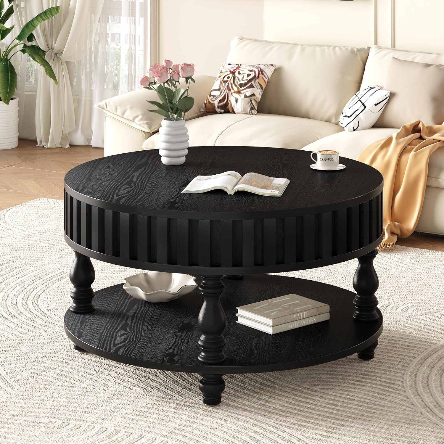 31.49'' Round Coffee Table with Storage Space, 2-Tier Modern Rustic Wood Circle Fluted Coffee Table for Living Room, Moveable Table Top & Easy Assembly, Black