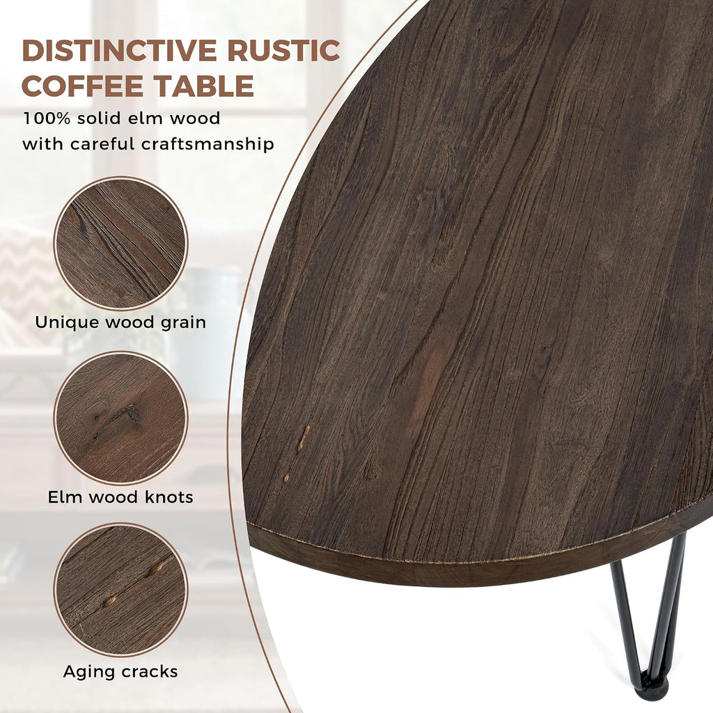 FLYJOE Rustic Wood Round Coffee Table with Metal Legs, Solid Elm Wood Top and Non-Slip Feet Pads - Farmhouse Style for Living Room, Walnut