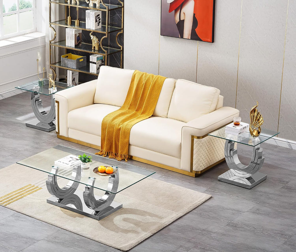 3 Pieces Living Room Table Set, Glass Coffee Table Set of 3, Modern Coffee Table and 2 End Tables with Three U-Shaped Stainless Steel Base for Living Room (Silver)