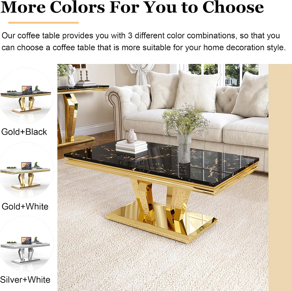 Modern Marble Coffee Table, 47' Living Room Table with Diamond-Shape Stainless Steel Base and Thickened Faux Marble Top for Living Room, Bedroom, Lounge (Gold,Black)