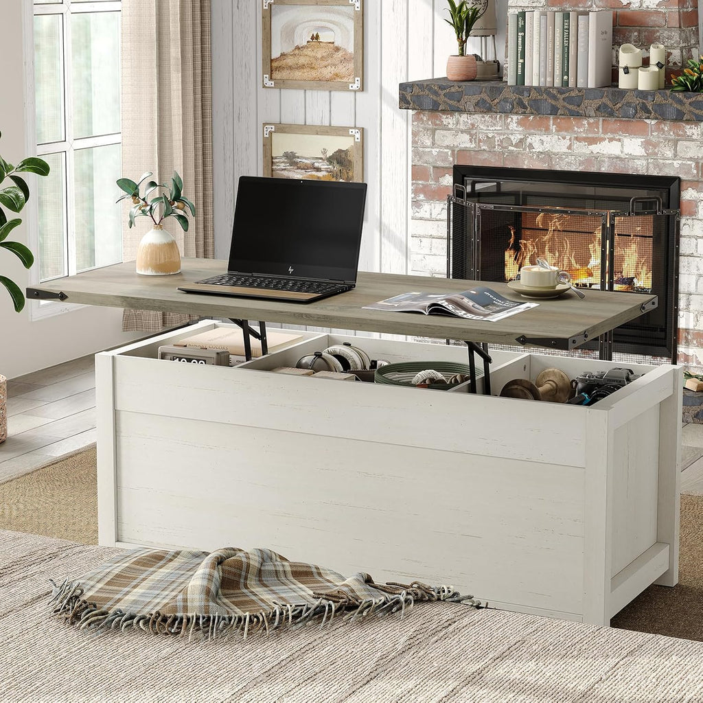 Furnihold 47.3''Lift Top Coffee Table, Farmhouse Center Table with Large Storage & Sliding Barn Doors, Modern Rectangular White Cocktail Table for Living Room, Grey Top