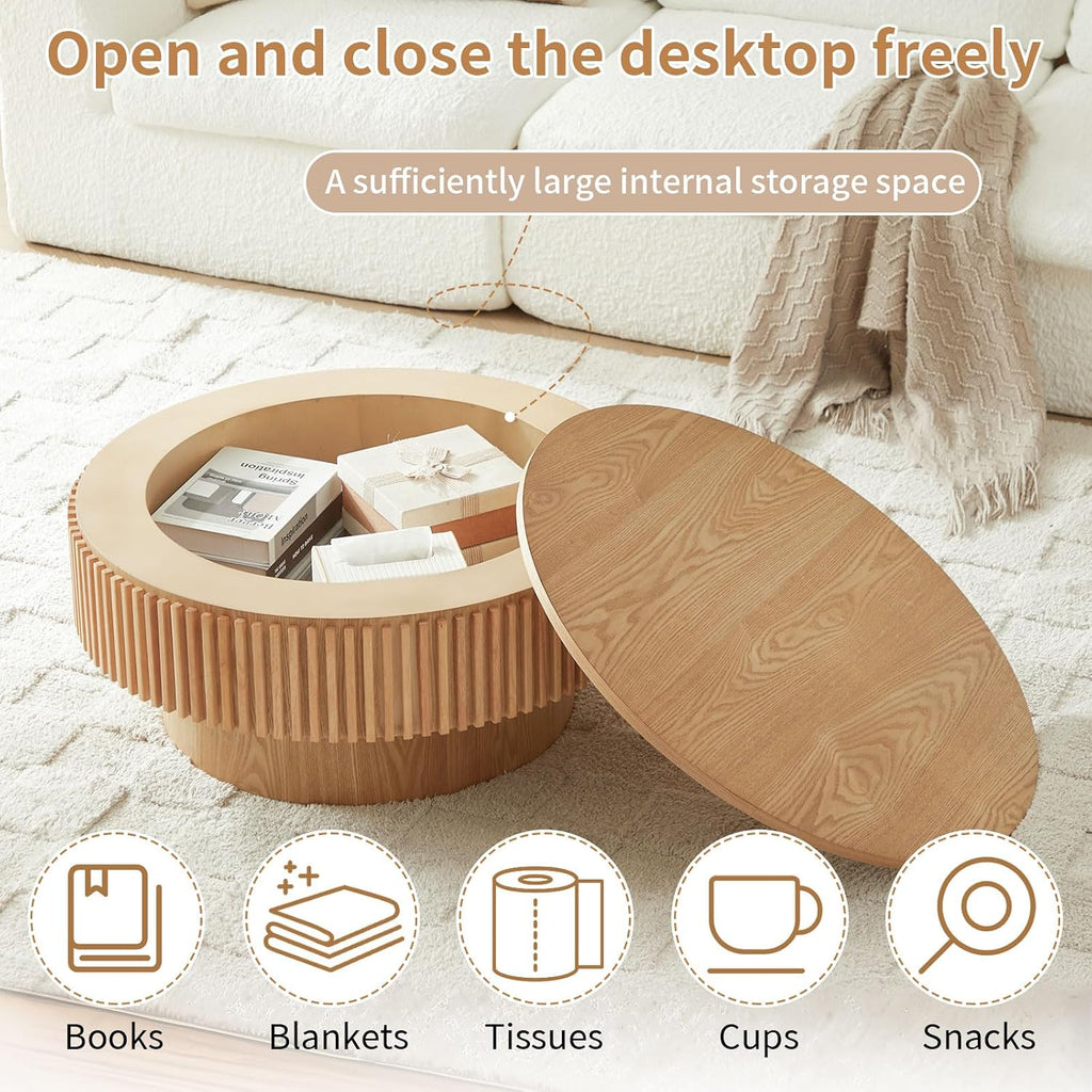 Round Coffee Table with Storage, Small Solid Wood Coffee Table for Living Room, Mid Century Modern Circle Center Tables for Small Space Apartment (31.5''D×14''H-Natural)