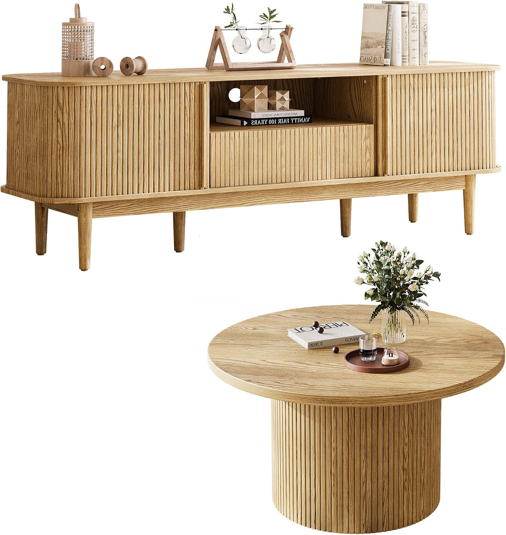 MAISONARIA Living Room Table Sets of 2, Fluted Coffee Table & Dresser TV Stand, Coffee Table with Storage, Sliding Doors TV Stand for Living Room (Natural)