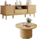 MAISONARIA Living Room Table Sets of 2, Fluted Coffee Table & Dresser TV Stand, Coffee Table with Storage, Sliding Doors TV Stand for Living Room (Natural)