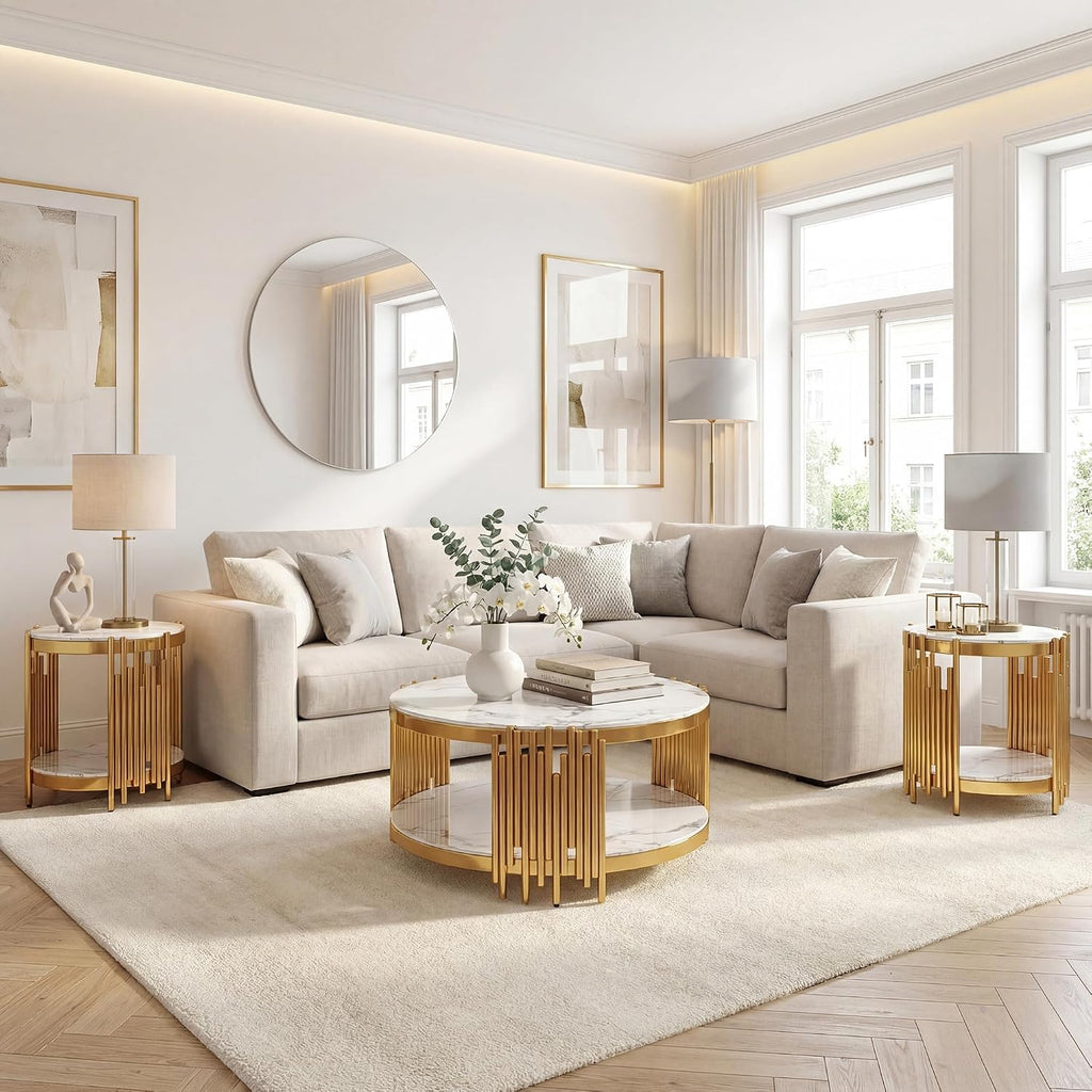 3-Piece Coffee & 2 End Table Set, 2-Tier Round White Faux Marble Tables with Gold Stainless Steel Frame, Modern Living Room Table Set for Bedroom or Office