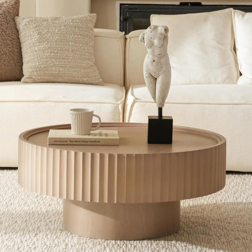 Round Coffee Table, 30.3in Modern Living Room Table, Fluted Drum Circle Tea Table with Storage, Accent Center Tables for Living Room, Apartment, Small Space (Grayish Pink)