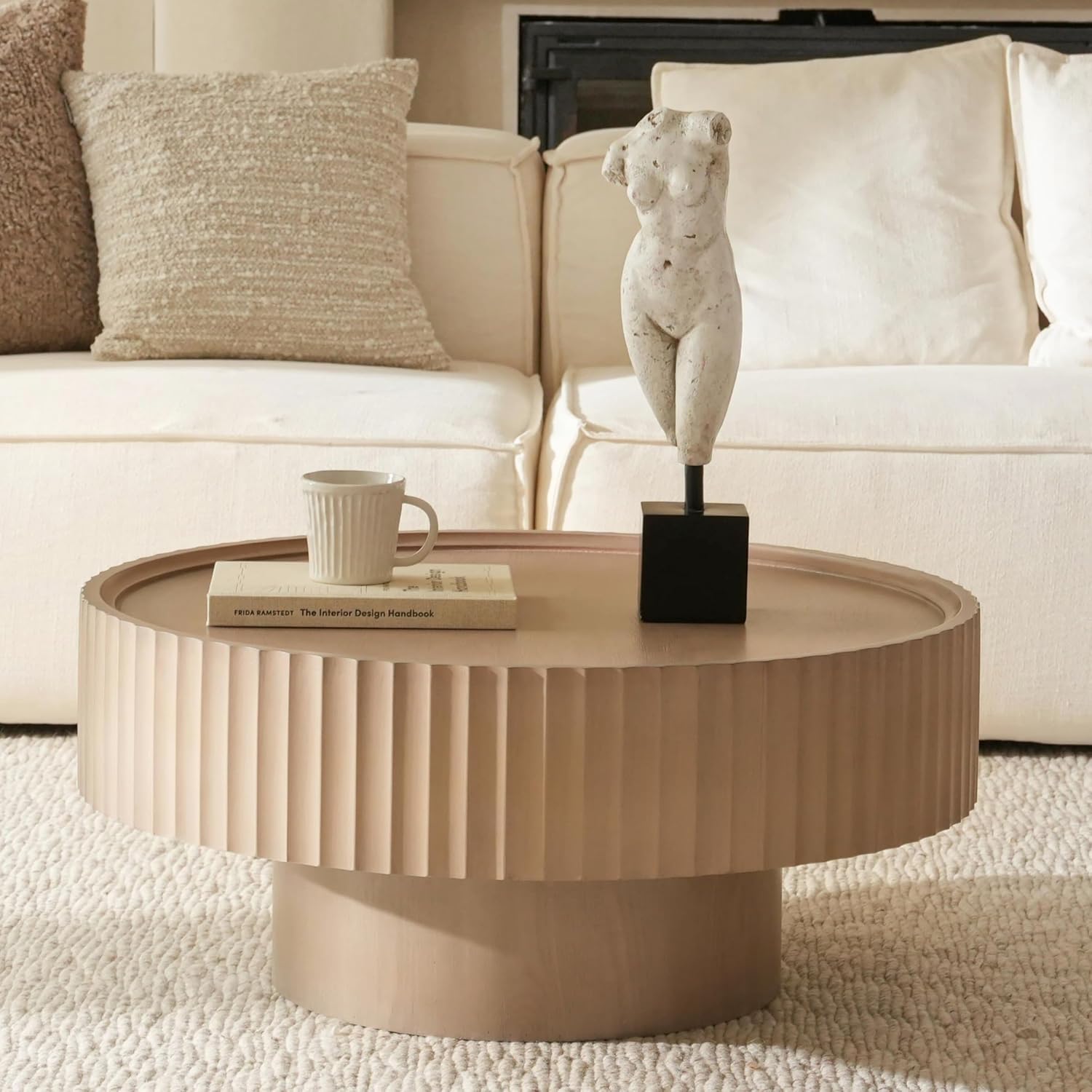 Round Coffee Table, 30.3in Modern Living Room Table, Fluted Drum Circle Tea Table with Storage, Accent Center Tables for Living Room, Apartment, Small Space (Grayish Pink)