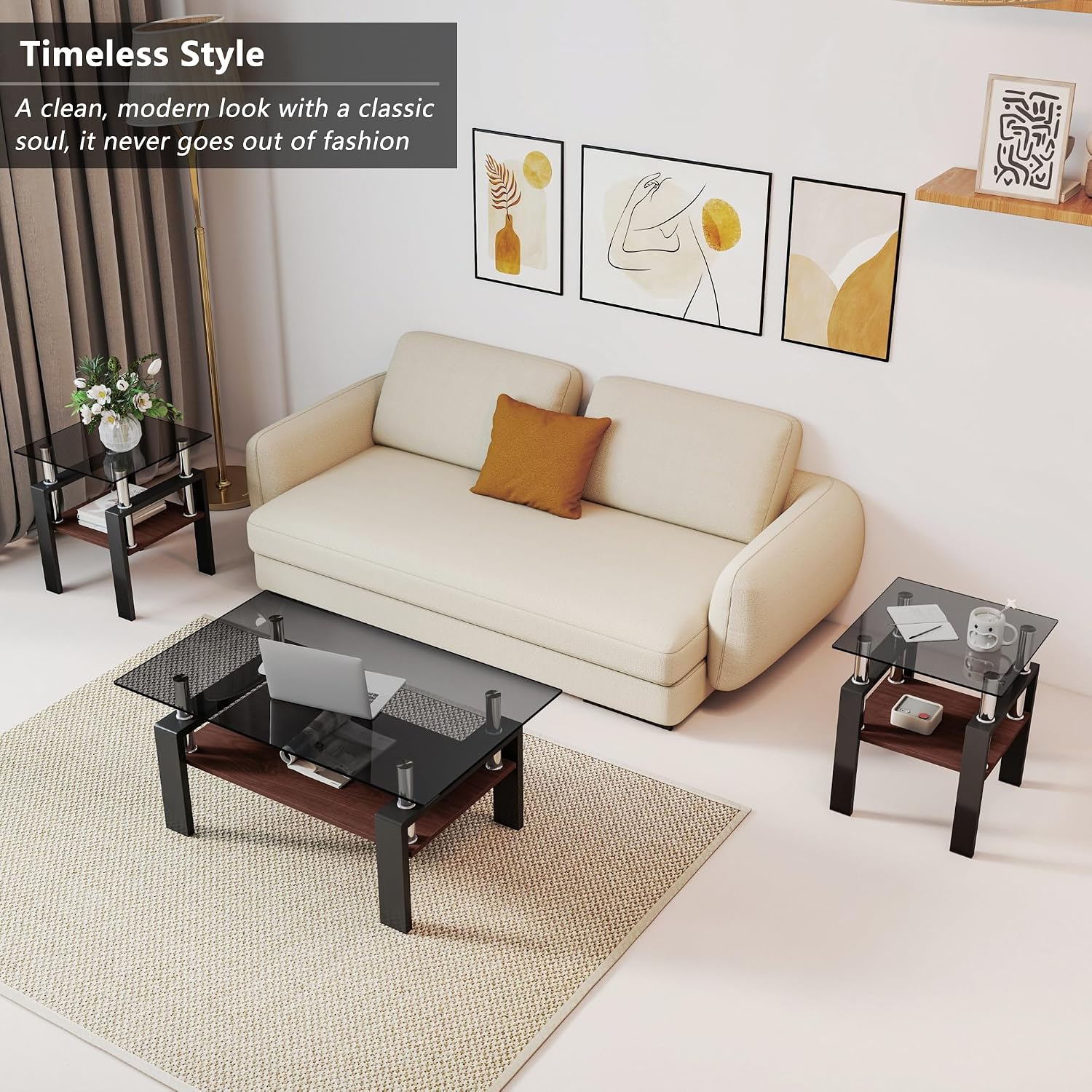 Modern Glass Coffee Table Set of 3 with Storage, Black End Tables with Metal Leg, Gray Rectangle Tempered Glass Center Table for Living Room Furniture