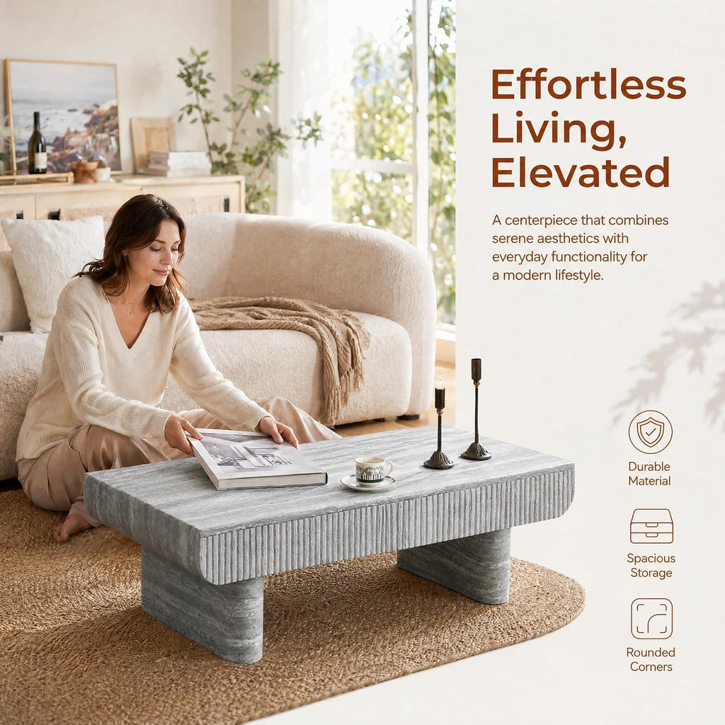 47' Grey Travertine Coffee Table with 2 Fluted Drawers,Modern Concrete Coffee Tables with Pedestal Legs for Living Room, Rectangular Coffee Center Tea Table with Storage for Apartment Bedroom