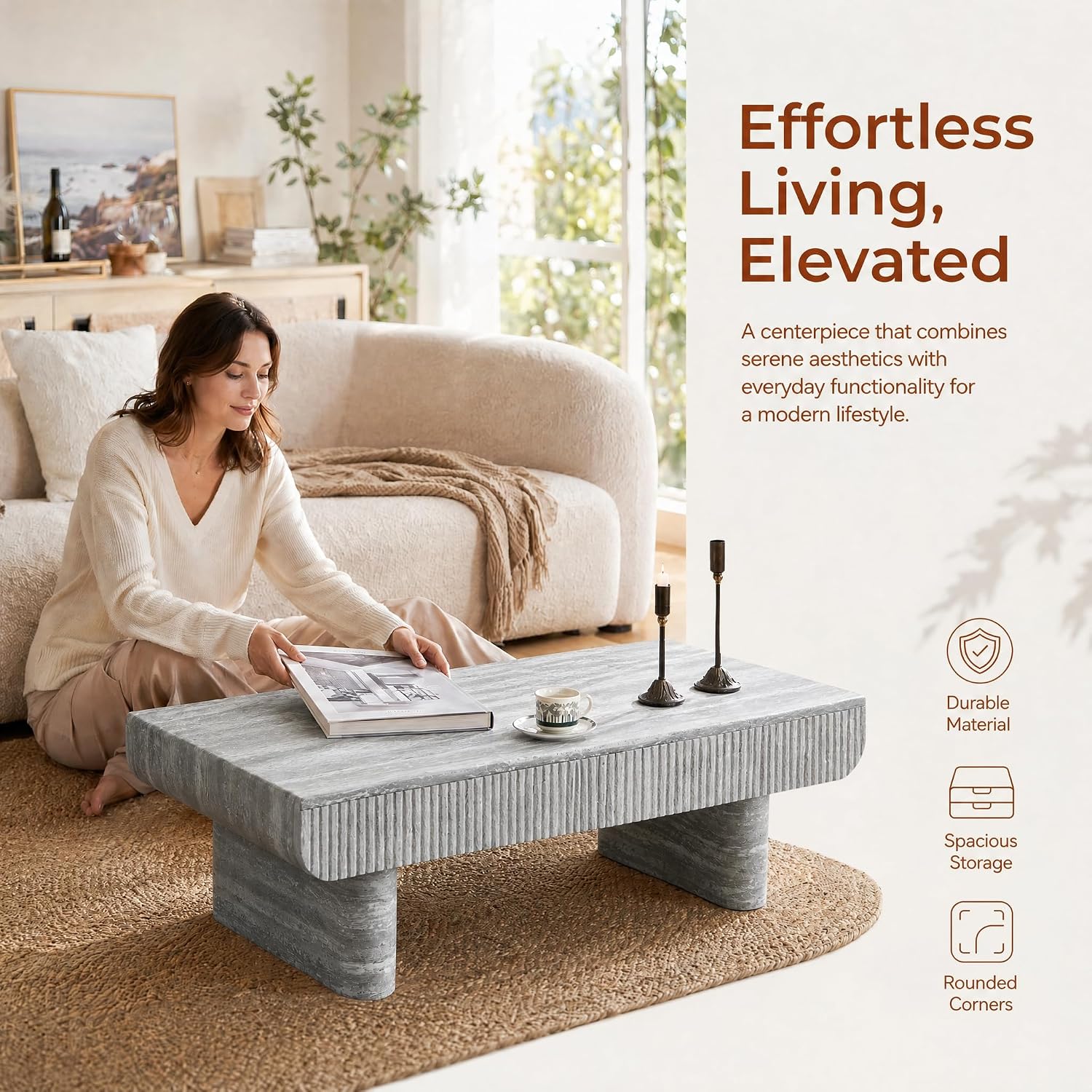 47' Grey Travertine Coffee Table with 2 Fluted Drawers,Modern Concrete Coffee Tables with Pedestal Legs for Living Room, Rectangular Coffee Center Tea Table with Storage for Apartment Bedroom