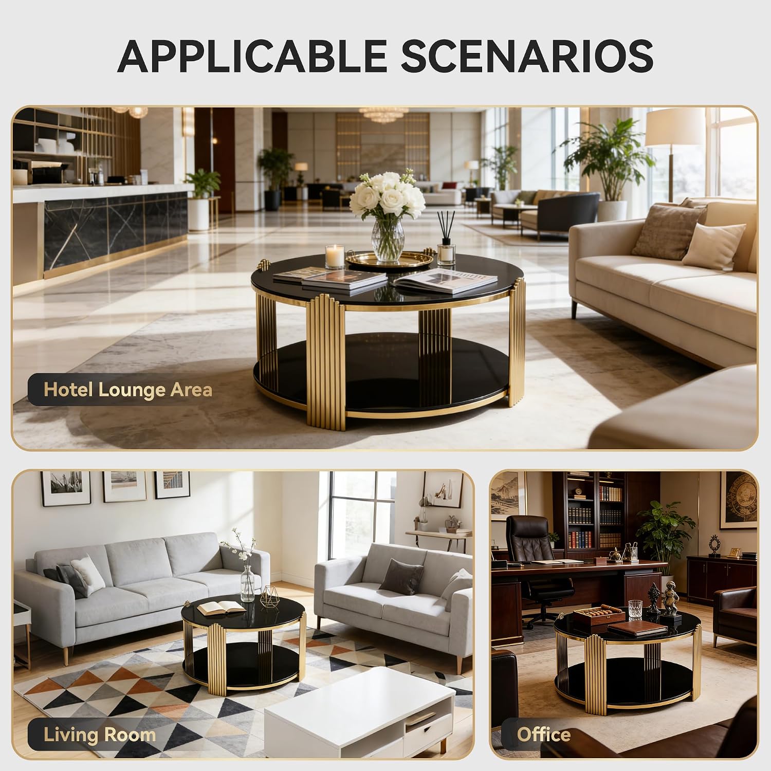 Glass Round Coffee Table with 2-Tier Storage, Black Tempered Glass Top with Gold Stainless Steel Frame, Modern Living Room Table Black Gold Round Center Table, 80 LBS Capacity
