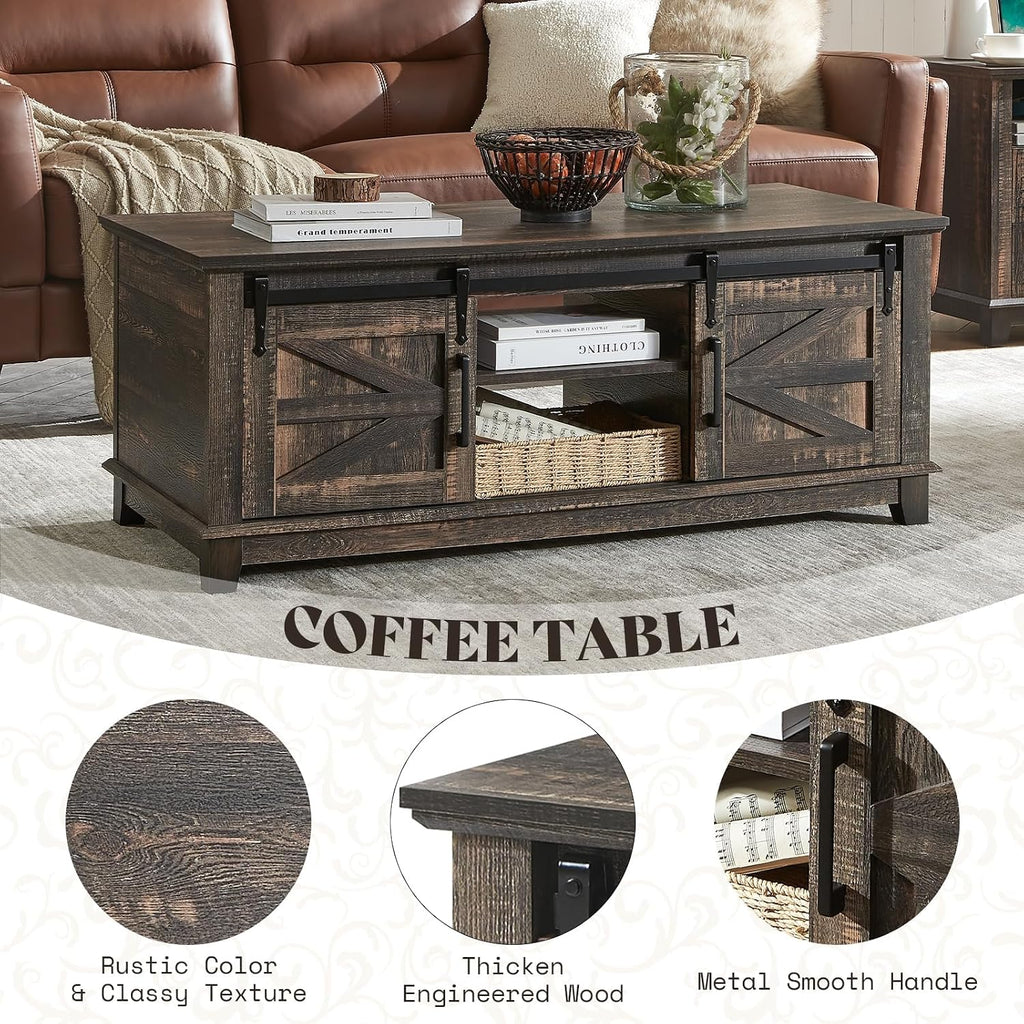 AMERLIFE 4 Piece Farmhouse Table Set, TV Stand, 2 Bookcases & Coffee Table, Entertainment Center for 65 Inch Television with Sliding Barn Doors & Storage Drawers, for Living Room, Bedroom, Oak Black