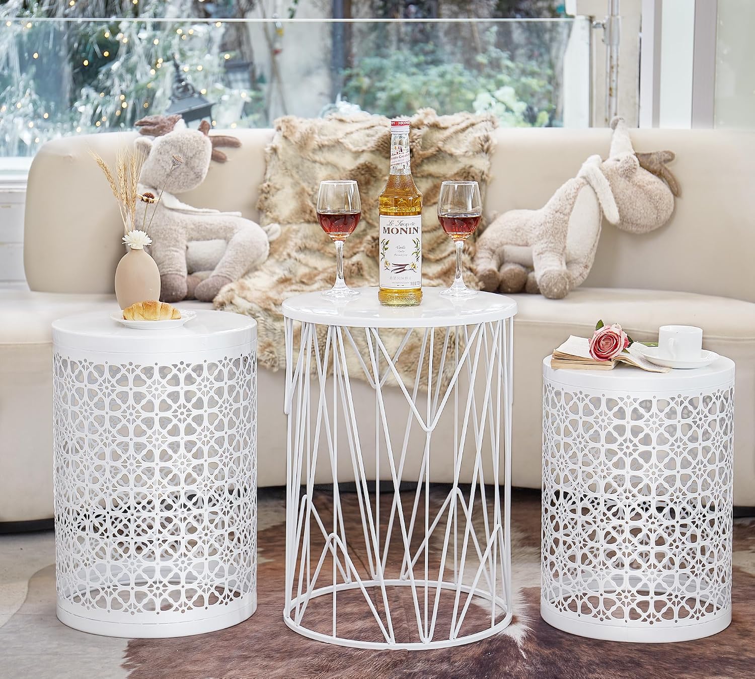 HFHOME Set of 3 Heavy-Duty Round End Table, Side Table, Coffee Table for Indoor Multifunctional Use, Outdoor Decorative Garden Stool Plant Stand-White
