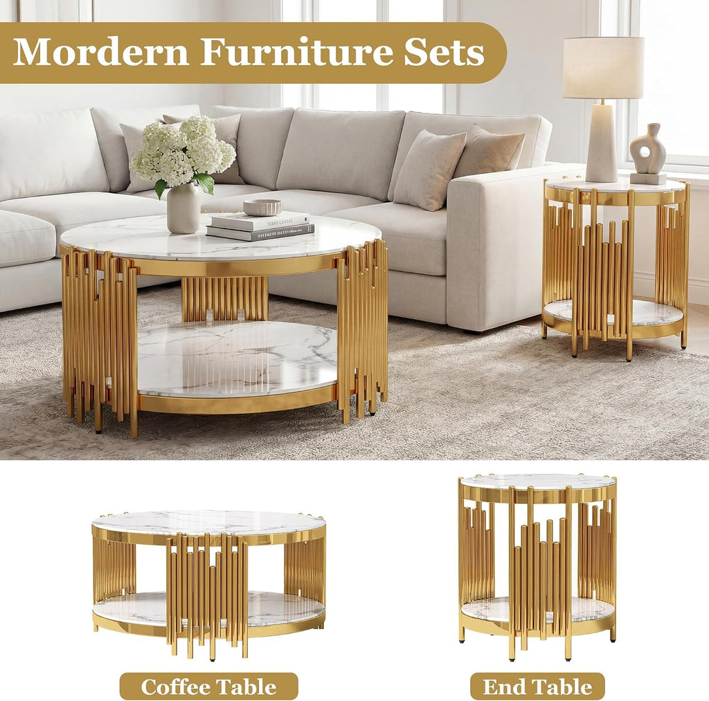 3-Piece Coffee & 2 End Table Set, 2-Tier Round White Faux Marble Tables with Gold Stainless Steel Frame, Modern Living Room Table Set for Bedroom or Office