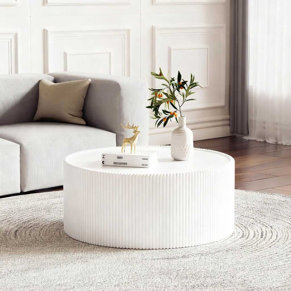 Modern Round Coffee Table Set of 2 Luxury Sintered Stone Top Coffee End Table in White/Black Leatherette Drum-Shape Small Coffee Side End Tables for Living Room,Fully Assembled