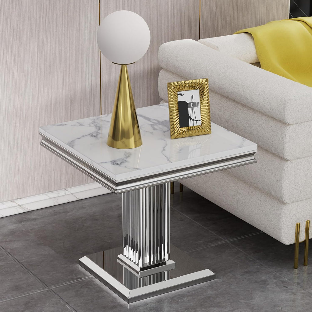3 Pieces Coffee Table Set, Faux Marble Living Room Table Set of 3, Modern Coffee Table and 2 End Tables with Column-Shaped Stainless Steel Base for Living Room Office (White Silver)