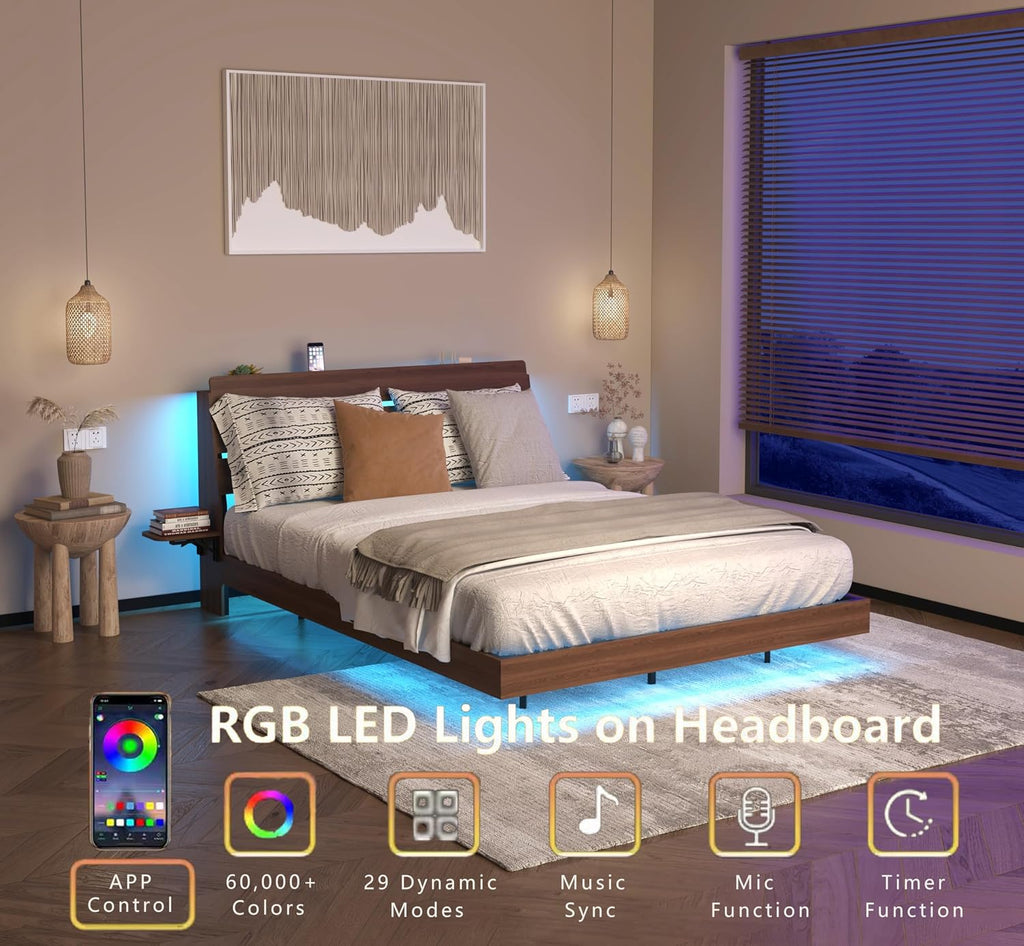 Floating Bed Frame Queen with LED Lights - Wooden Bed Frame with RGB Lighting & Charging Station for Modern Bedroom - Tech Enthusiasts Smart Home Furniture with Foldable Tabletops & App Contro