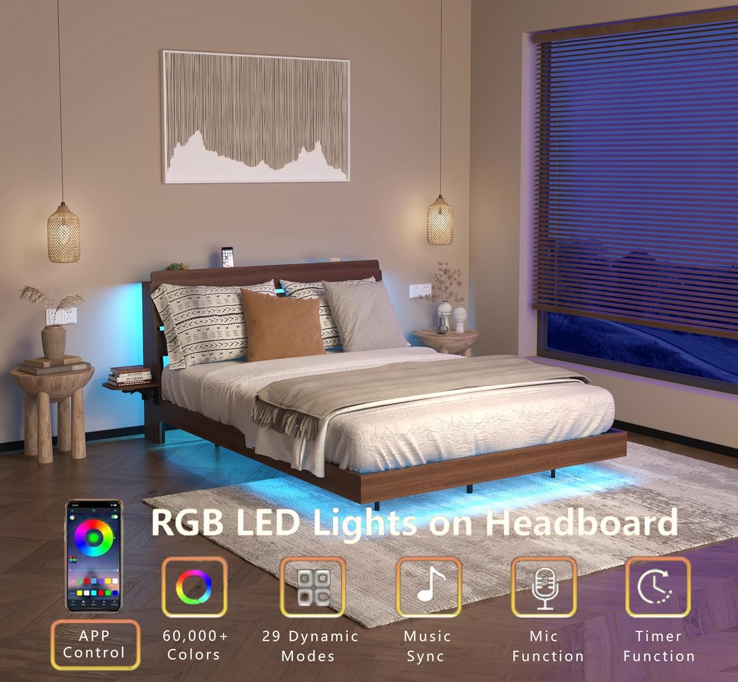 Floating Bed Frame Queen with LED Lights - Wooden Bed Frame with RGB Lighting & Charging Station for Modern Bedroom - Tech Enthusiasts Smart Home Furniture with Foldable Tabletops & App Contro