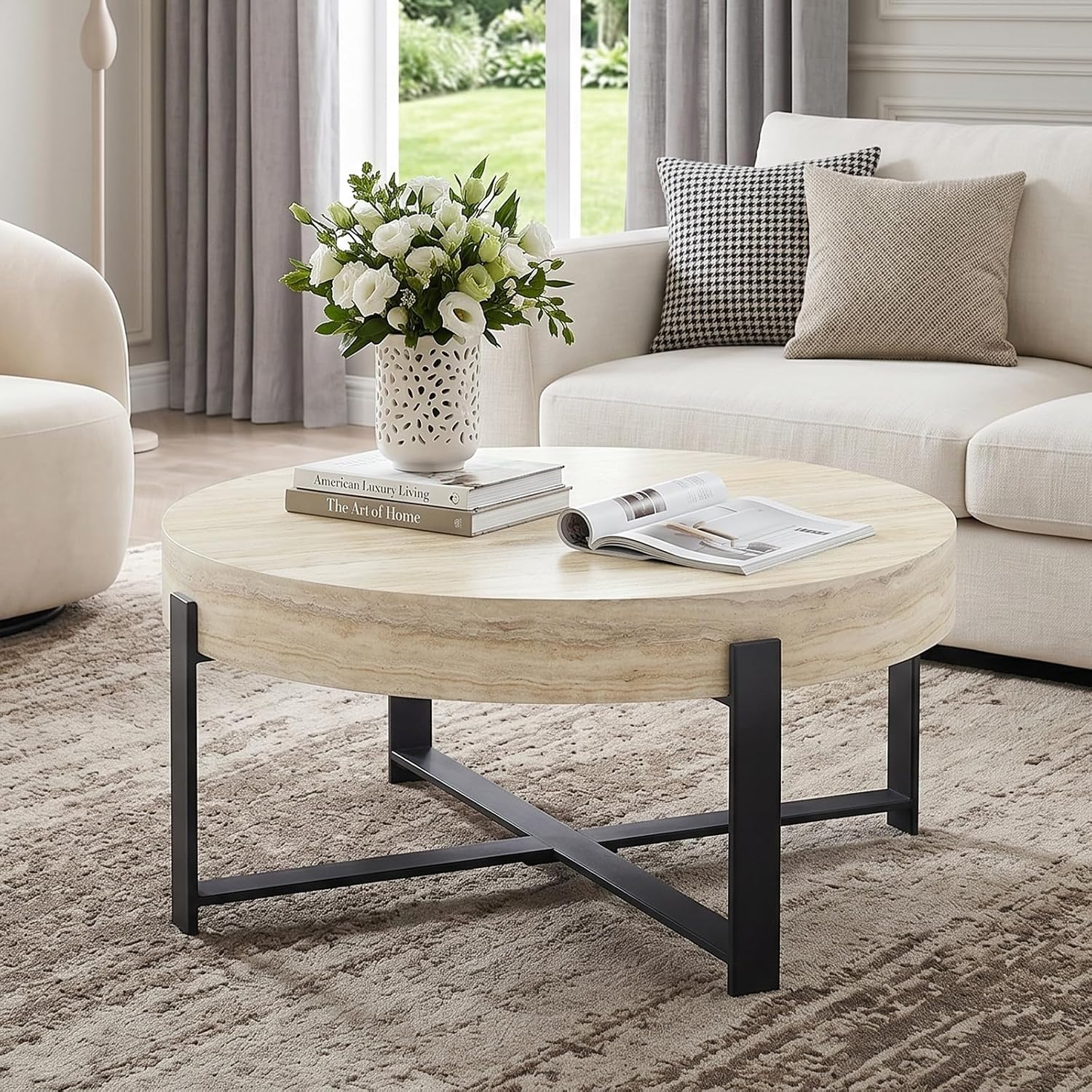 Round Coffee Table, Small Wood Coffee Table with Storage, Modern Wood Circle Table with Metal Frame, Round Accent Center Tables for Living Room Apartment Small Space
