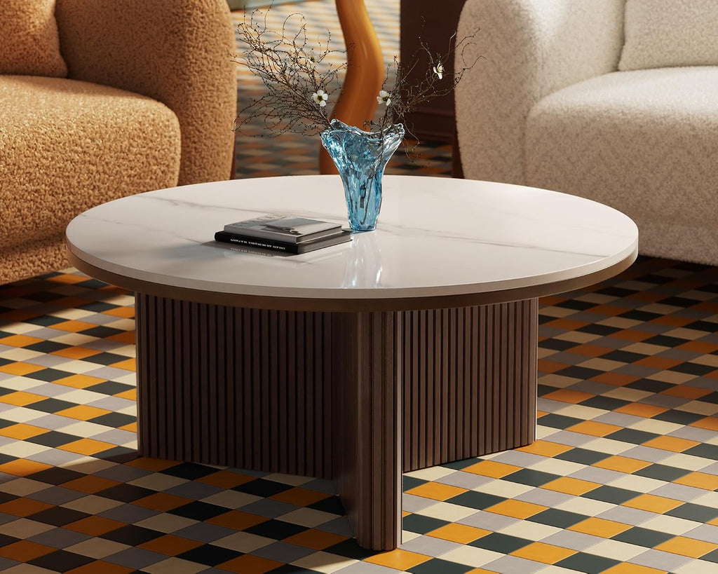 Morden Fort Faux Marble Coffee Table, Round Coffee Table Sintered Stone Top & Solid Fluted Wood Mid Century Modern Coffee Circle Table for Apartment Living Room Porch - 33'' White Top