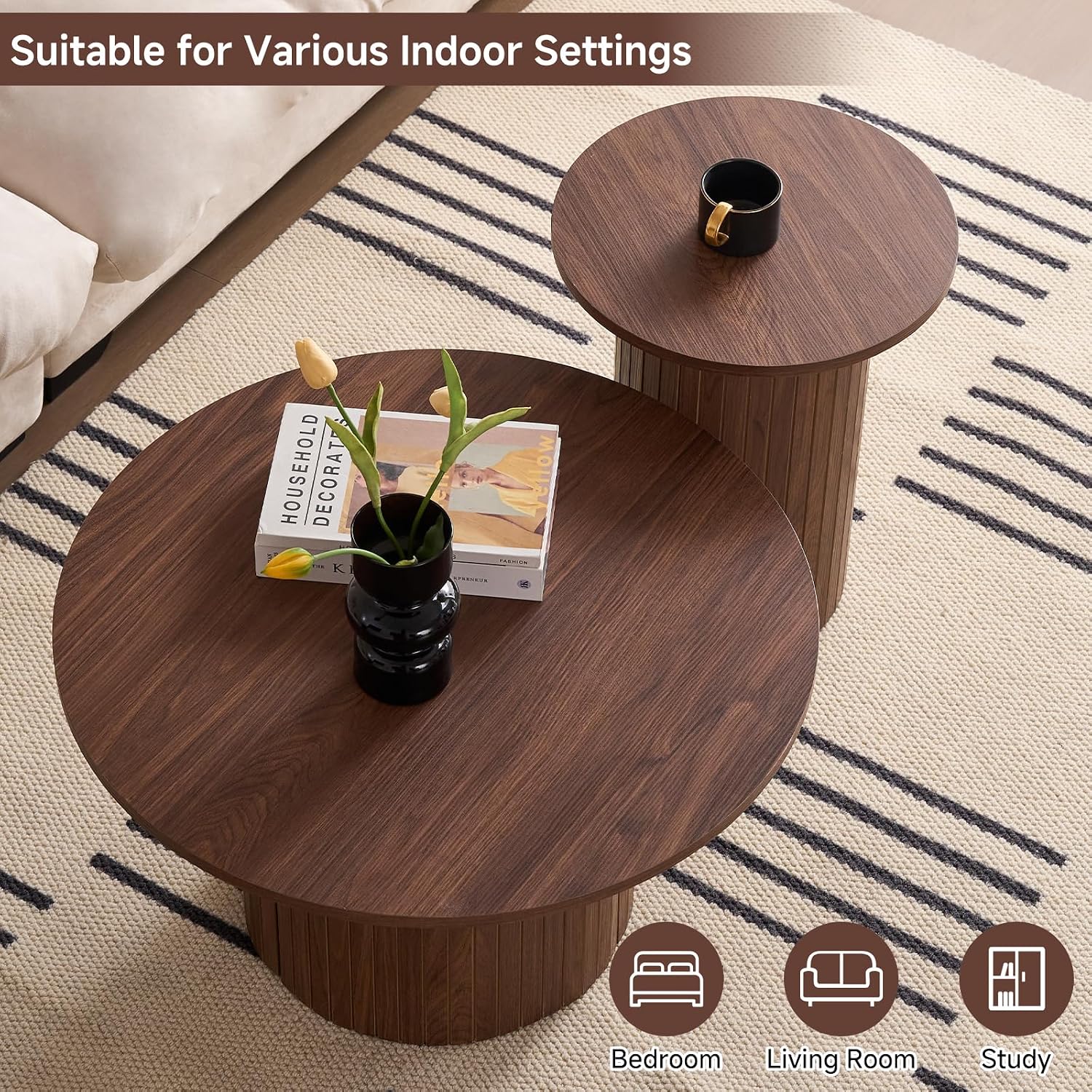 Round Coffee Tables Set of 2, Circle Modern Small Wood Side Table with Fluted Style Drum Base for Living Room Bedroom Balcony Office, Walnut