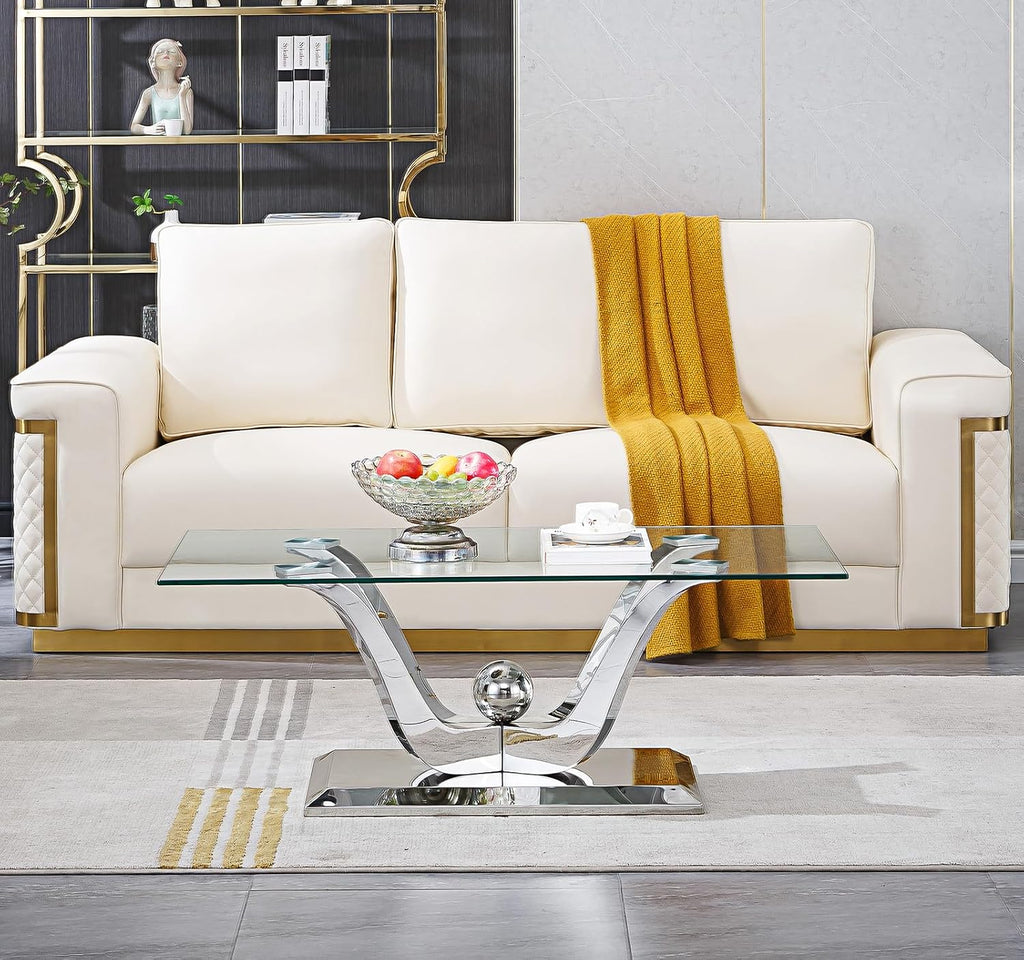 SSLine Modern 1 Piece Living Room Coffee Table Luxury Tempered Glass Coffee Table with Flower-Shaped Stainless Steel Base for Living Room Bedroom Office (1 Coffee Table)