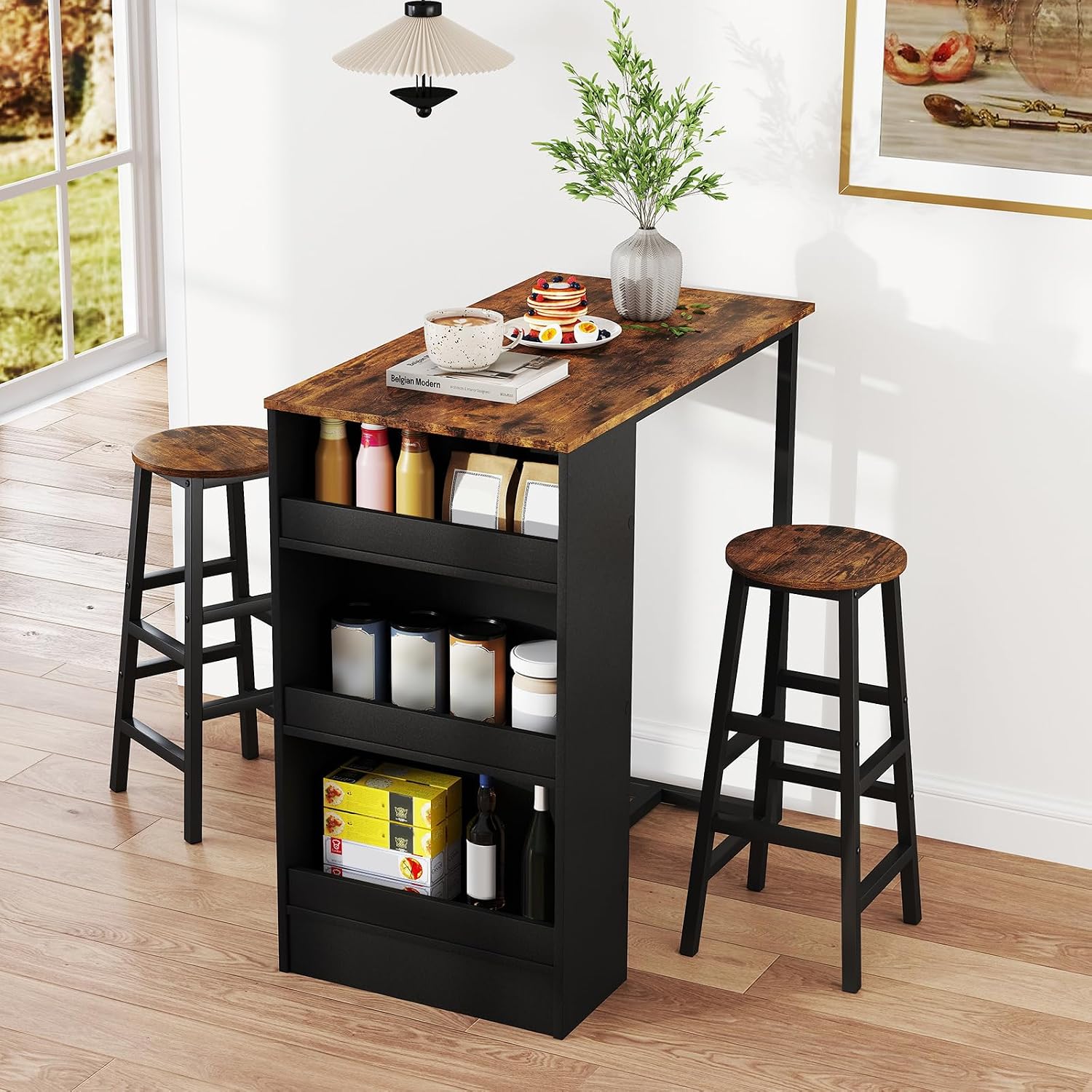 COSTWAY 3-Piece Bar Table Set, 36' Counter Height Breakfast Table with 3 Storage Shelves & 2 Round Stools, Rectangular Kitchen Table Set for 2, for Dining Room, Living Room, Rustic Brown and Black