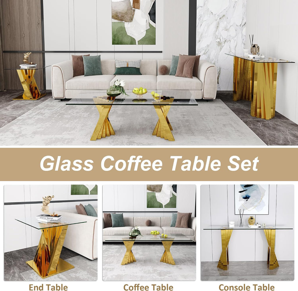 Rectangle Glass Console Table 2-Piece Set with Console Table and End Table, with Tempered Glass Tabletop and Mirrored Stainless Steel Table Legs, for Living Room, Office, Apartment, Gold