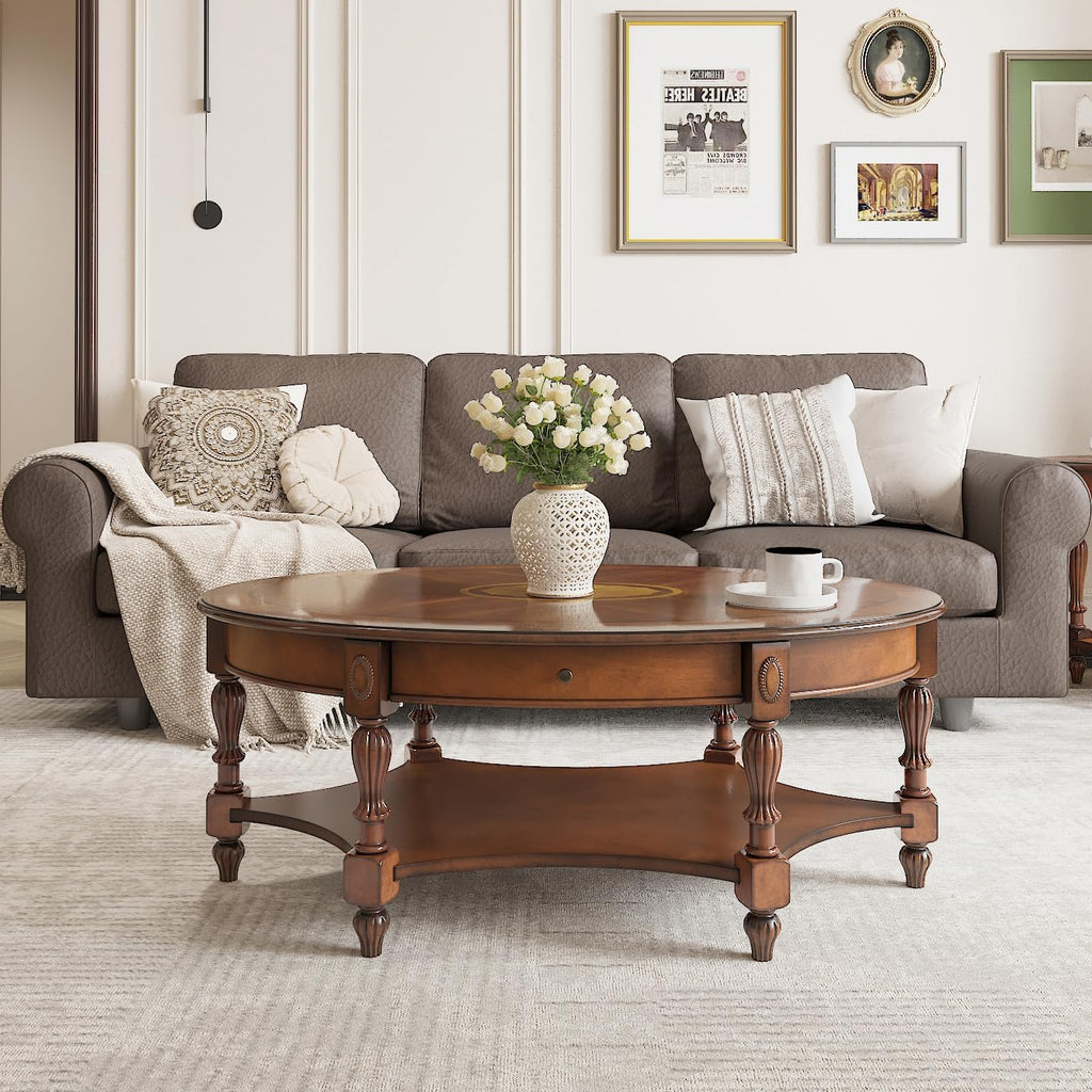 Solid Wood Coffee Table with Drawer and Storage Shelf, Oval Living Room Cocktail Tea Table, Traditional Center Table with Carvings Side Elegant Vintage 45'L x 27.6'Wx18.2'H Caramel Brown KFZ-1533-MG