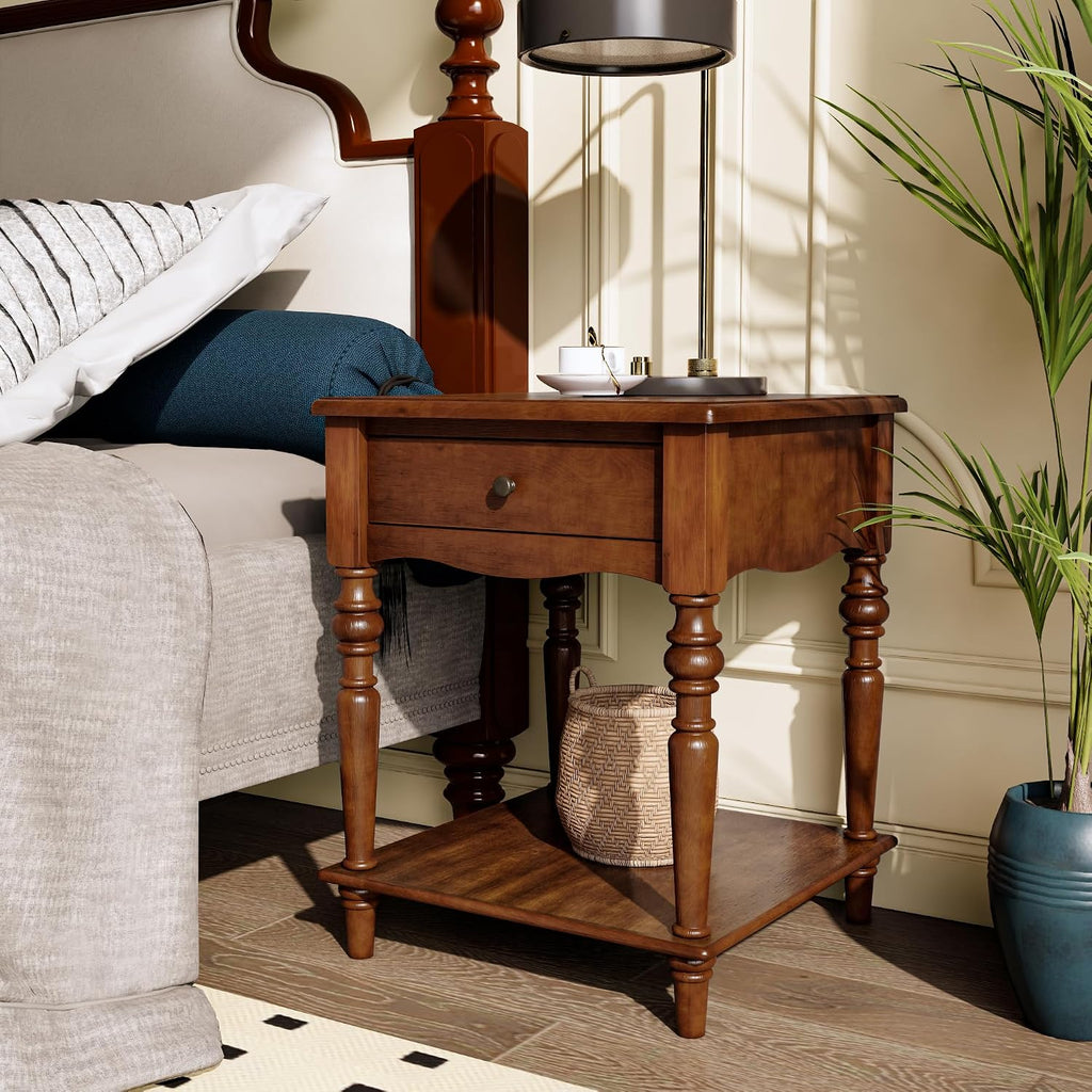 Living Room Table Set-One Rectangular Coffee Table and Two Square End Tables with Storage Drawer, Elegant Vintage Sofa Center Table with Wood Carved legs, No-Tools Assembly, Caramel Brown KFZ-BZ-C008