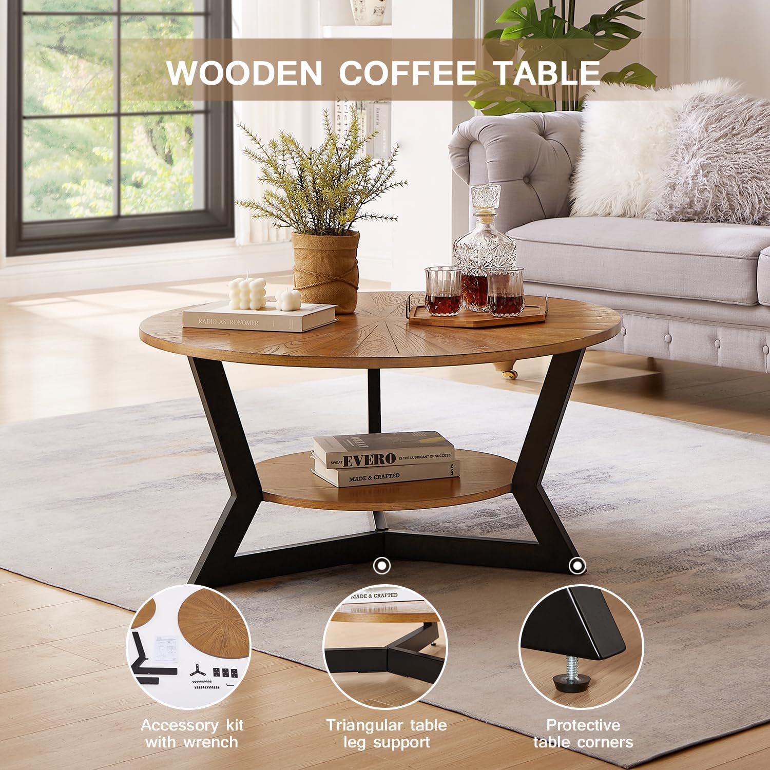 Round Coffee Table, Wood Circle Coffee Table with 2-Tier Storage, Center Table for Living Room Bedroom Office Apartment, Easy Assembly, 35'x 18' Inches, Espresso