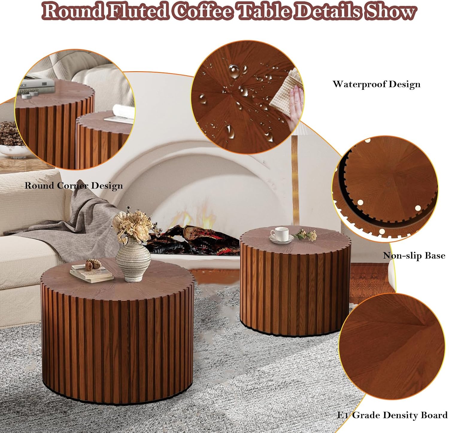 Handcraft Round Nesting Coffee Table - Chic Wave Stripe Edge, Modern Stylish Walnut Wooden Circle Fluted Center Table for Living Room (18.9IN+15IN)