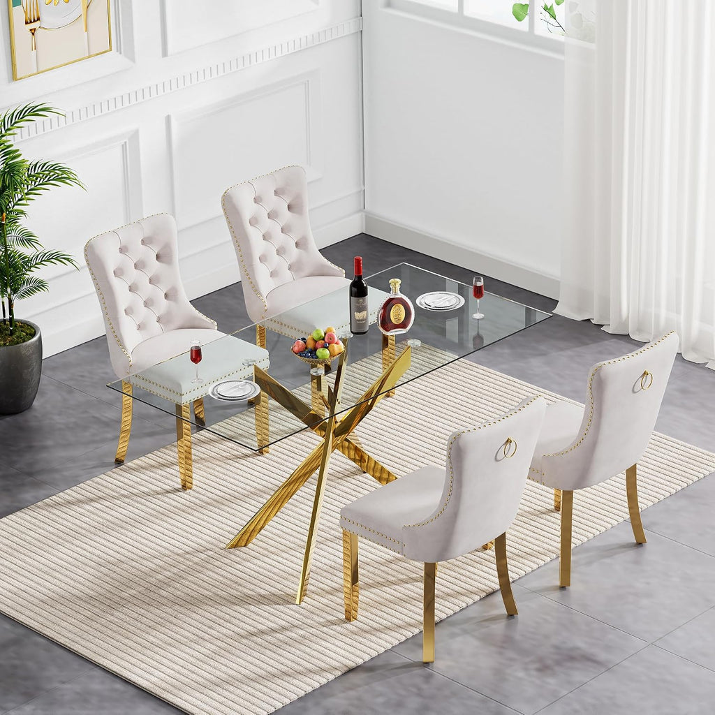 51' Modern Dining Table Set for 4, Rectangular Tempered Glass Dining Table and 4 Beige Velvet Dining Chairs, Luxury 5 Piece Kitchen Dining Room Tables Set with Gold Chrome Metal X-Base