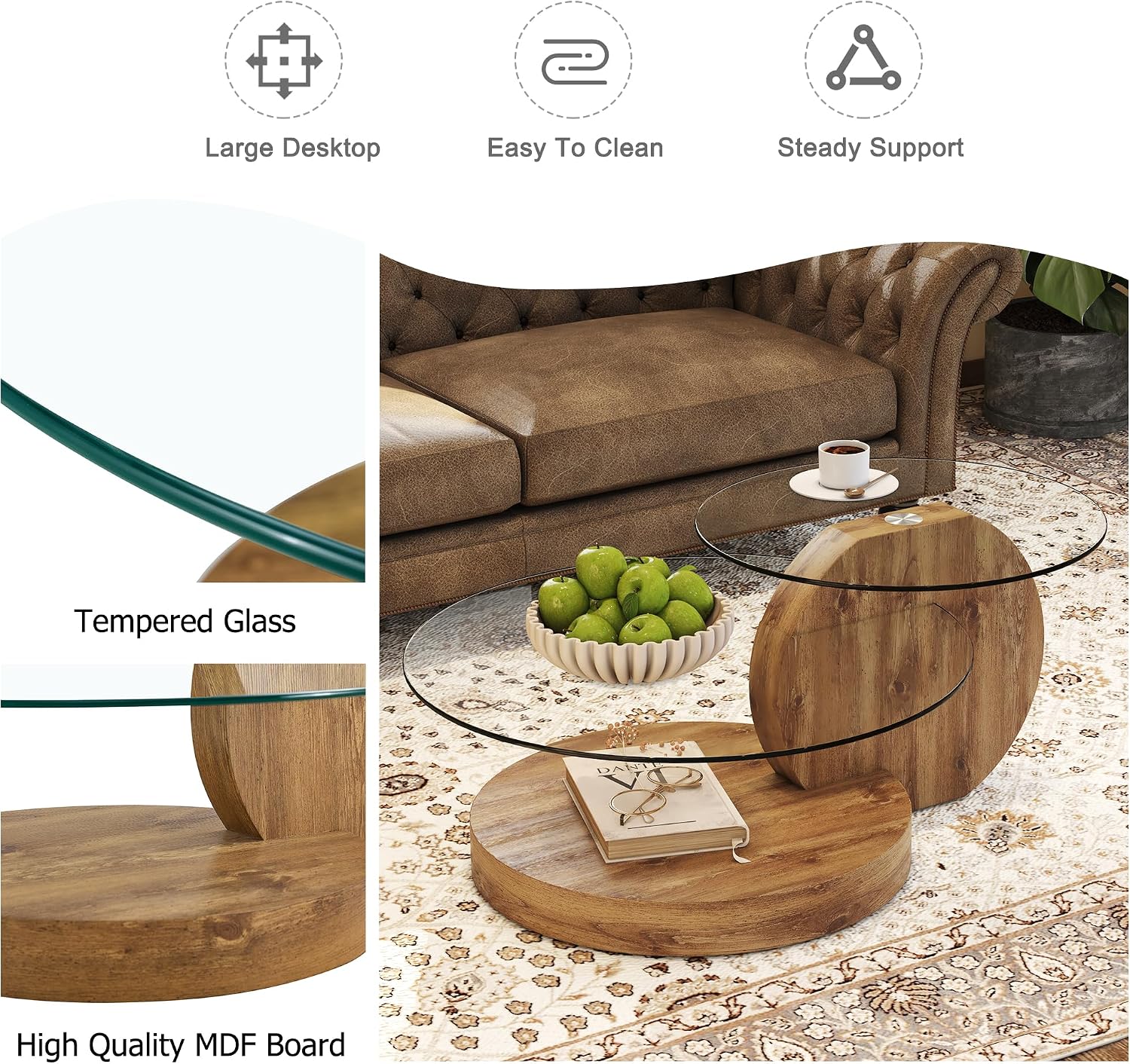 Modern Glass Coffee Table,Small Round Coffee Tables, 42' 3-Tier Circle Wood Coffee Table for Living Room Rustic Circle Center Cocktail Table with Tempered Glass, Unique Accent Table for Small Spaces