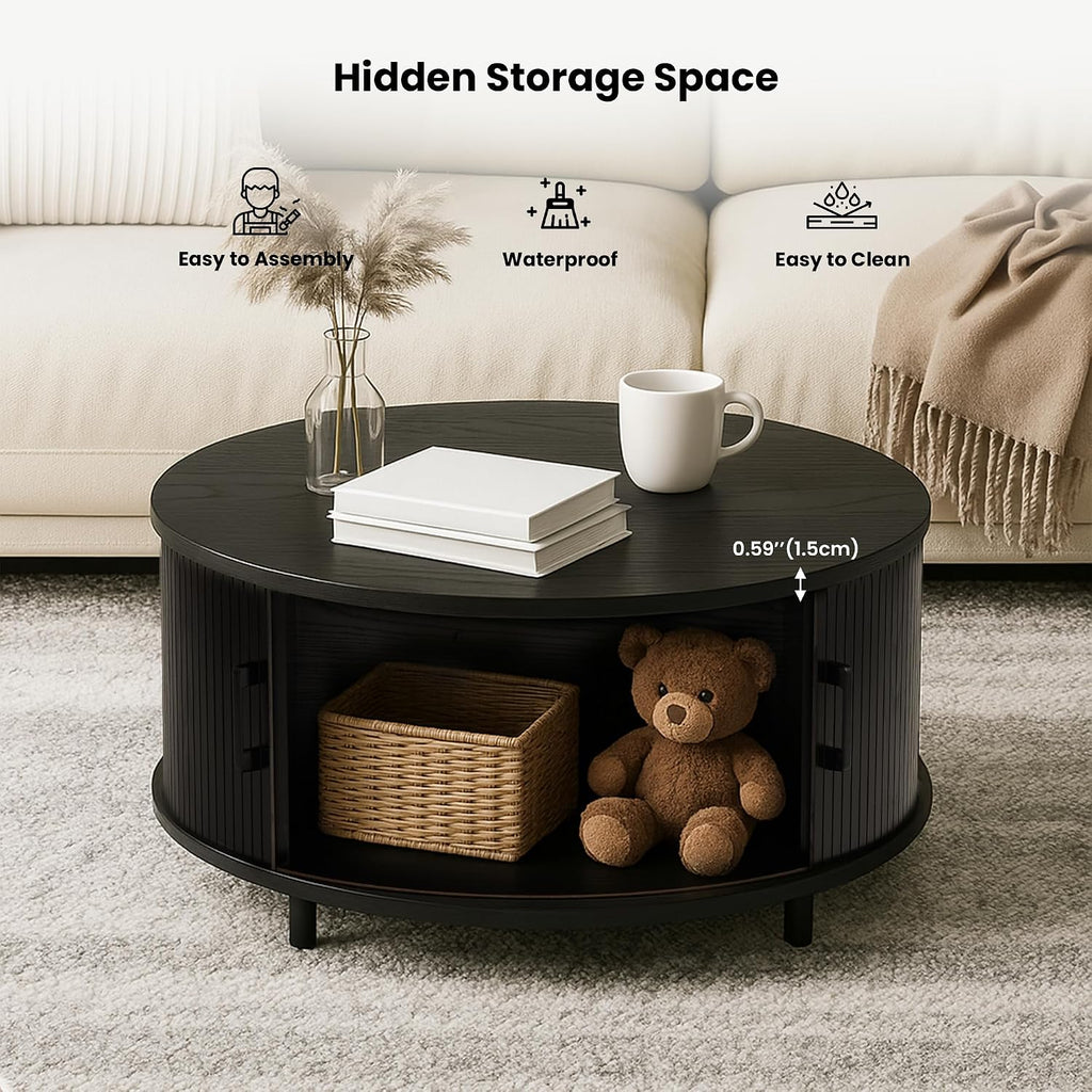 HOMPUS Round Coffee Table with Storage, 31.5' Mid Century Modern Coffee Table with 360° Sliding Door, Fluted Wooden Coffee Table with Adjustable Footpads, Center Table for Living Room, Black