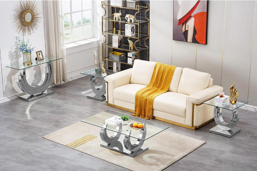 SSLine 1 Piece Living Room Console Table Luxury Glass Entryway Table,Modern Silver Console Table with Ring-Shape Stainless Steel Pedestal Base for Hallway Corridor(1 Console Table)