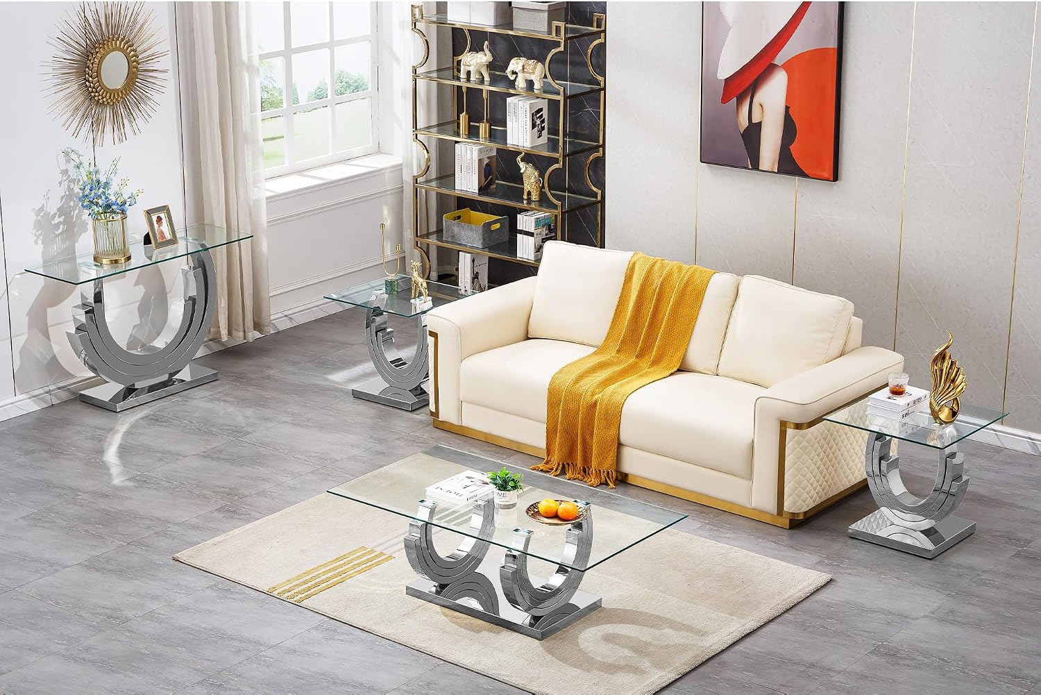 SSLine 1 Piece Living Room Console Table Luxury Glass Entryway Table,Modern Silver Console Table with Ring-Shape Stainless Steel Pedestal Base for Hallway Corridor(1 Console Table)