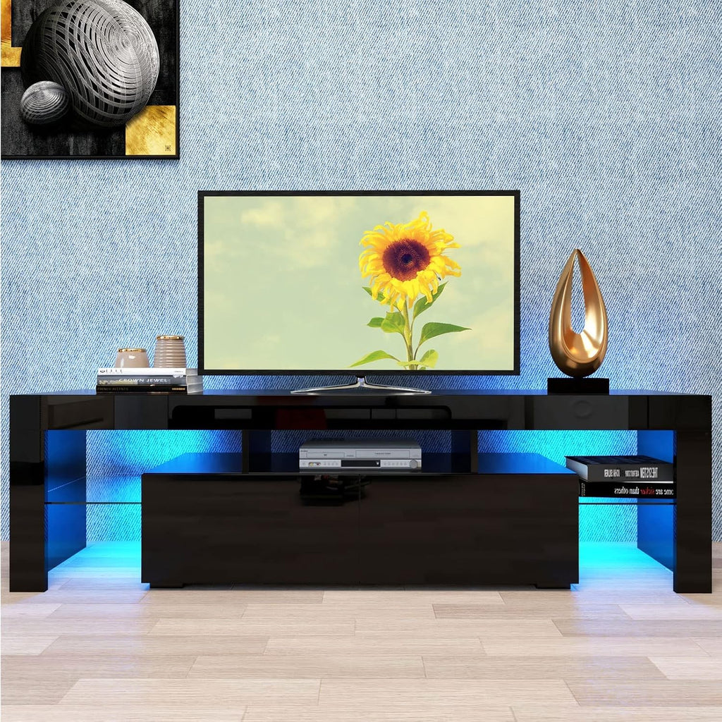 Black LED TV Stand for 50/60/70 Inch TVs with Color Change LED Lighting, Universal Entertainment Center for Video Gaming, Movies, and Home Decor, Clear Glass Shelving (Black3)