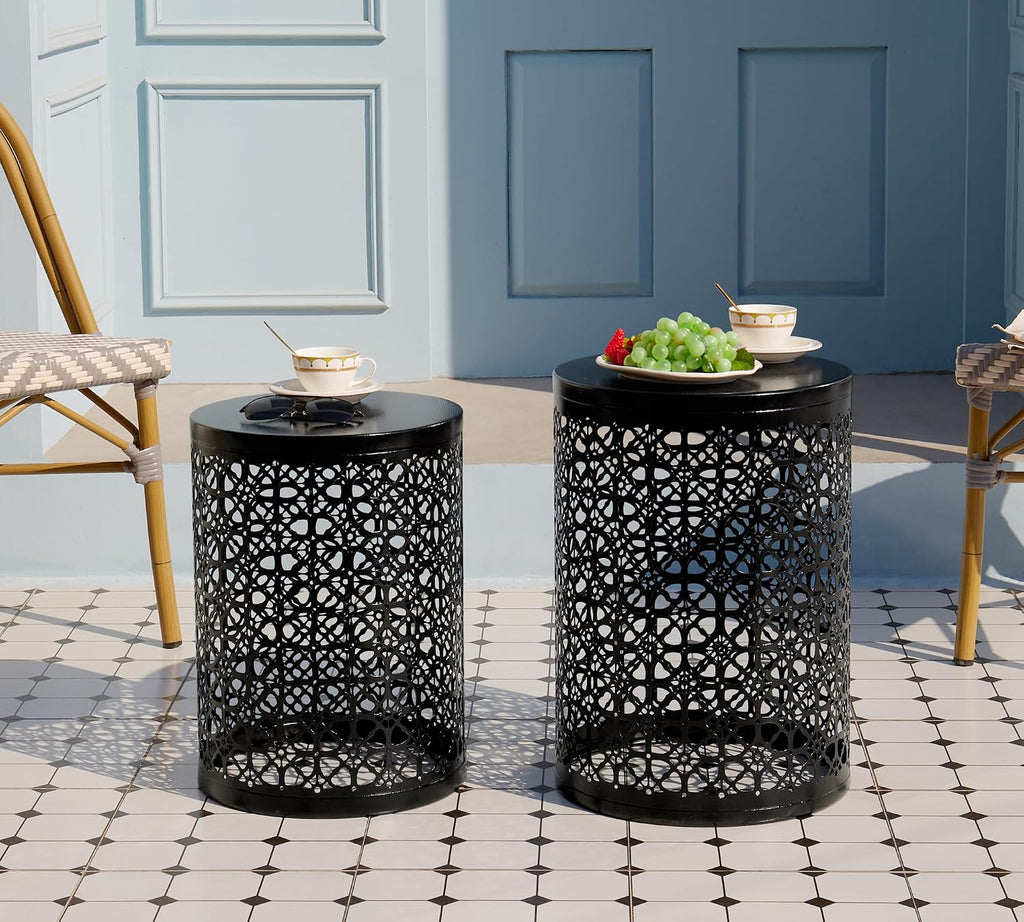 HFHOME Set of 3 Heavy-Duty Round End Table, Side Table, Coffee Table for Indoor Multifunctional Use, Outdoor Decorative Garden Stool Plant Stand-Black
