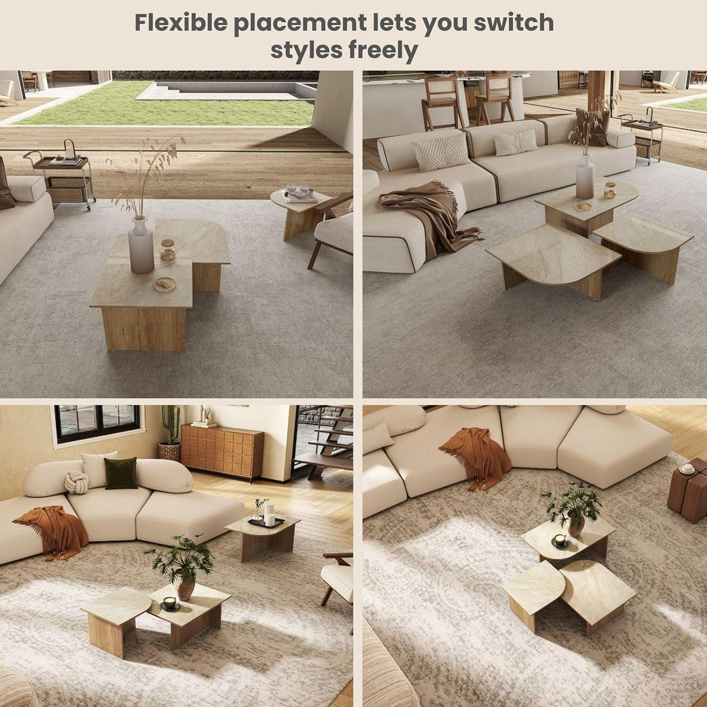 Mid Century Modern Coffee Table Set of 3, Nesting Coffee Tables with Marble Pattern Tabletop and Solid Wood Legs,Wood Side Tables for Living Room, Natural